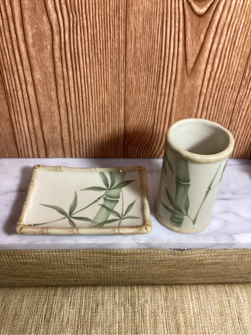 Vintage Croscill Bamboo Motif Ceramic Soap Dish and Cup - Green on Cream